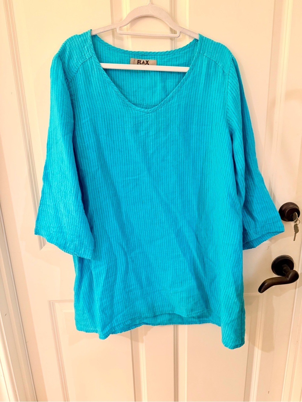 FLAX Women's Turquoise V-Neck 100% Linen Top